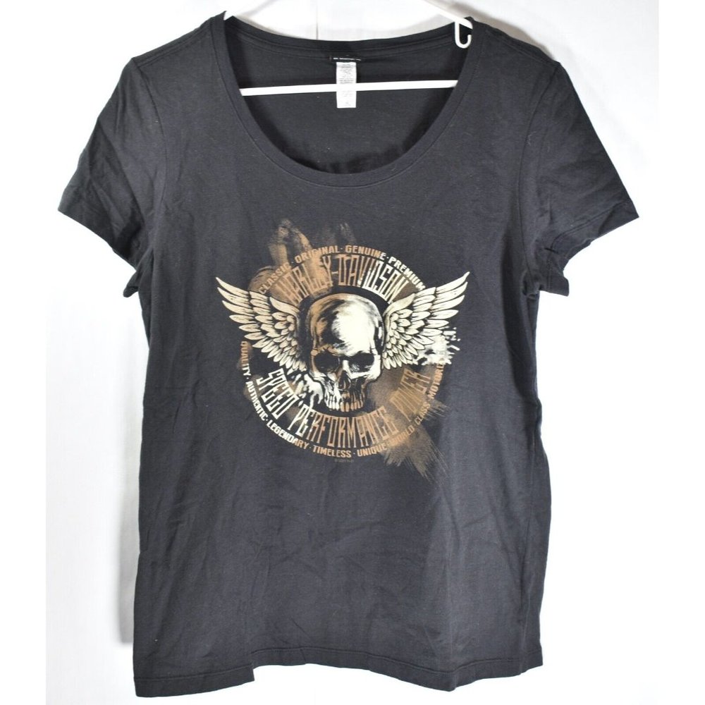 Harley-Davidson Women's Large L Shirt Black Skull Wing Speed Performance Power